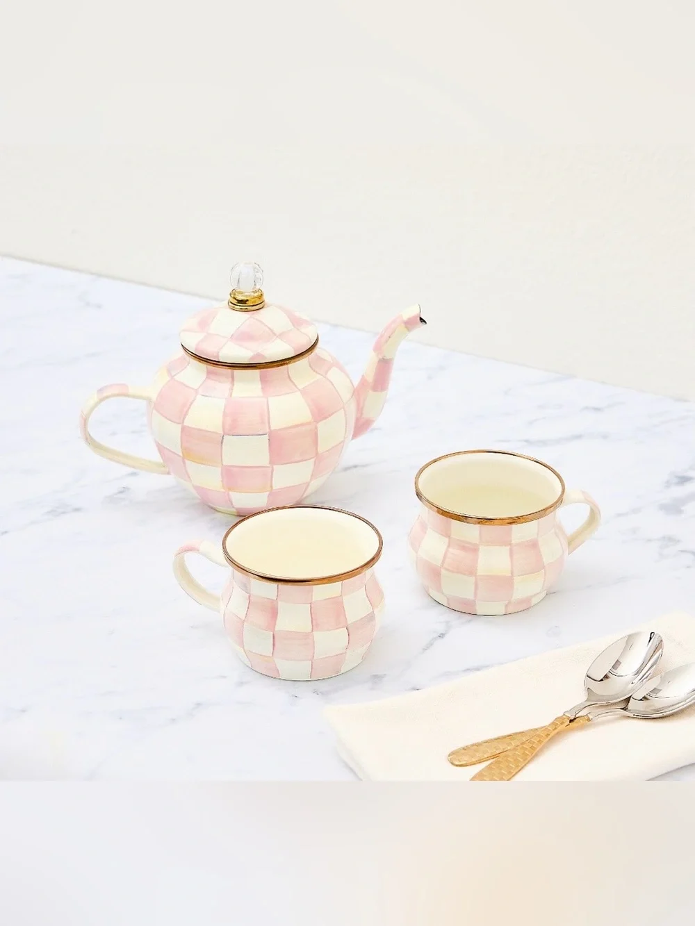 Mackenzie-Childs 4-Cup Teapot w/Two Mugs - Rosey Check